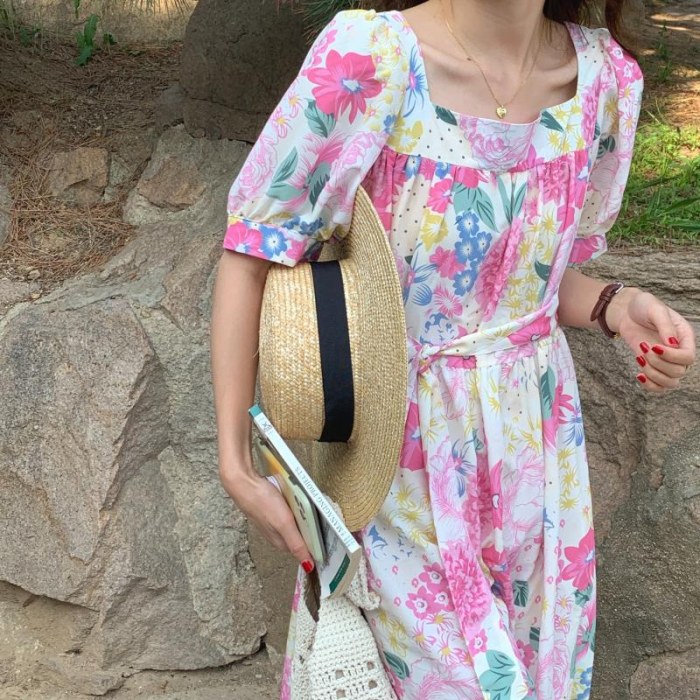 21ins 新作 気質 花柄 パフスリーブ 優しい 女性 カジュアル 韓国風 チュニック ロングワンピース Tokumall 公式サイト シェア購入で買い物をお得に楽しく